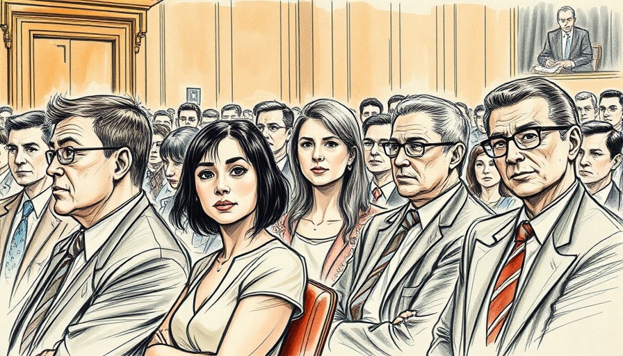 Courtroom sketch depicting trial attendees with focused expressions.