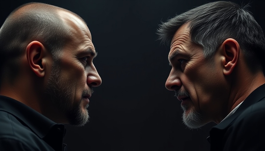 Intense side profiles in dramatic lighting show tension, symbolizing funding challenges.
