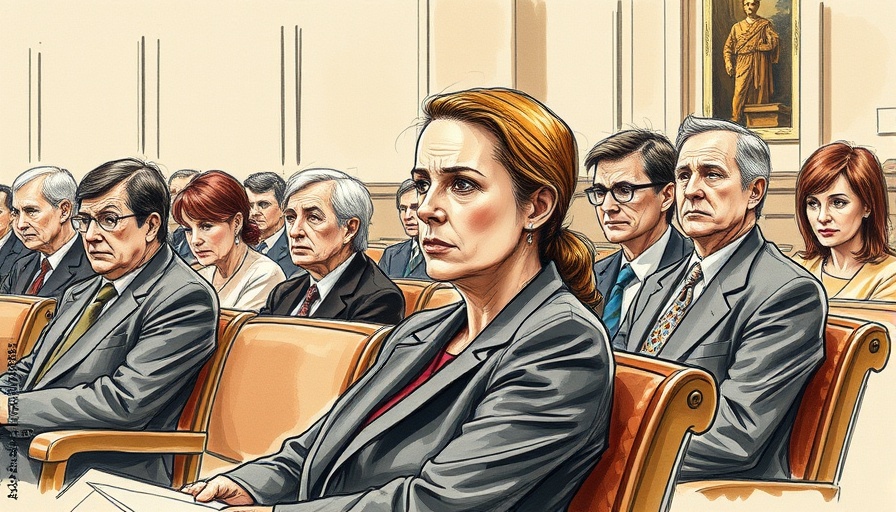 Courtroom sketch with people seated during testimony.