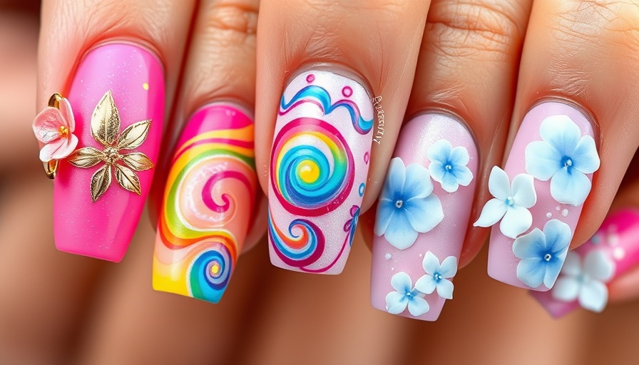 Trendy summer nail art showcasing vibrant designs in pink, rainbow, and pastel hues.