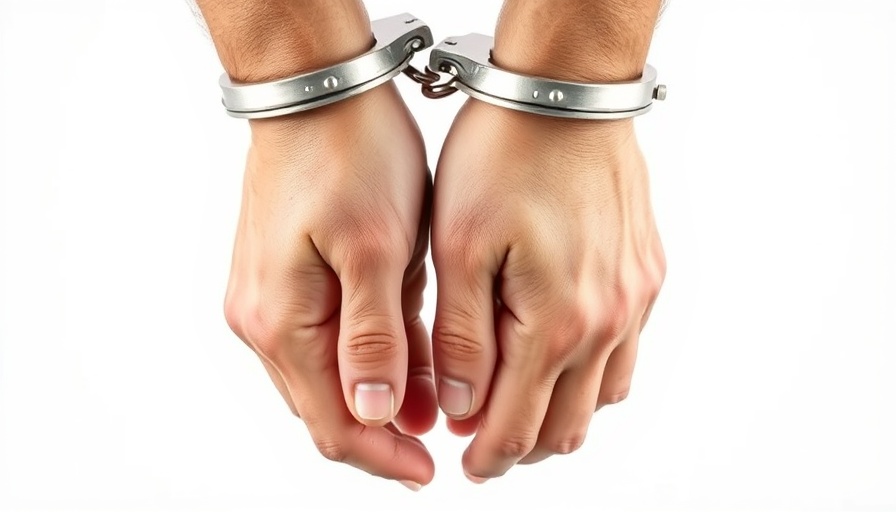 Detailed close-up of handcuffed hands against a white background.