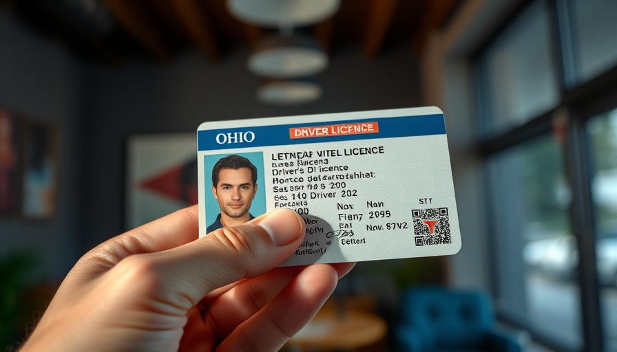 Close-up of hand holding Ohio driver's license, blurred background.