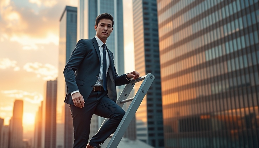 Young businessman descending ladder against cityscape reflects corporate ladder benefits.