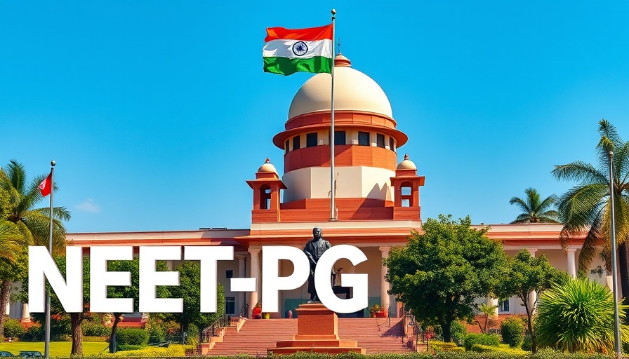 NEET PG 2025 exam date announcement with government building and logo.