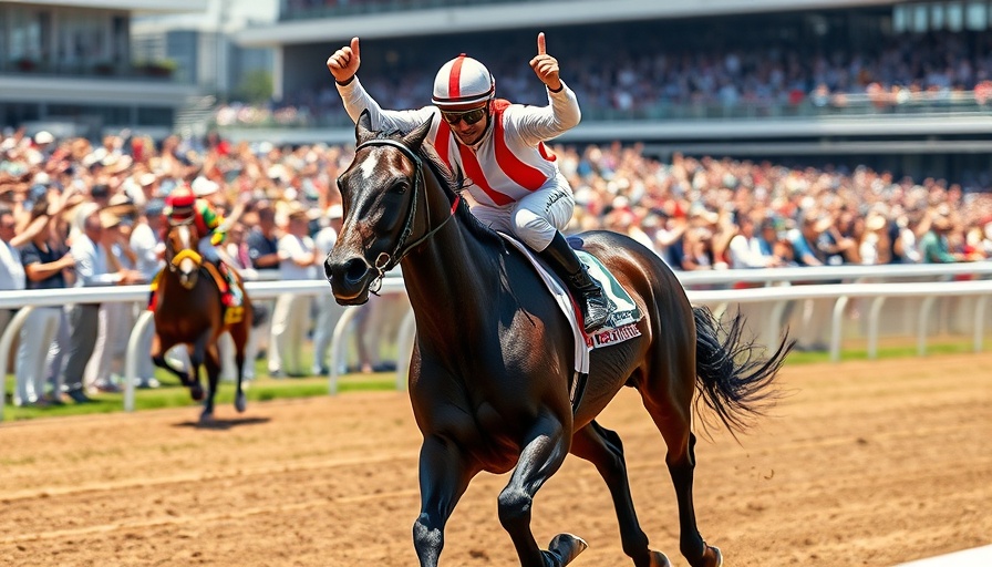 Belmont Stakes 2025 winner celebration, jockey and horse crossing finish.