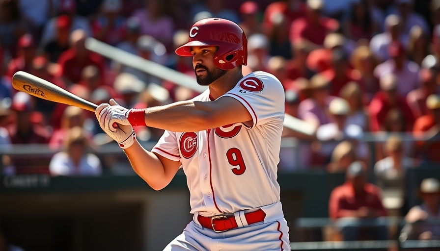 Cincinnati Reds player swings bat in dramatic action.