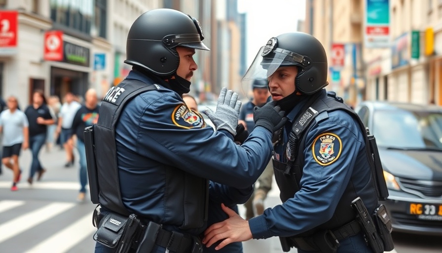 Police detaining protestor during deportation protests in LA.