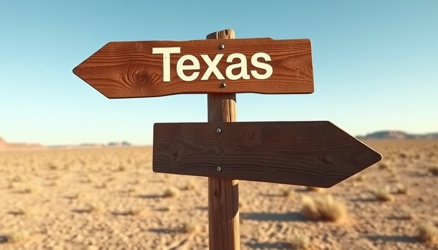 Sign pointing to Texas in a desert landscape.