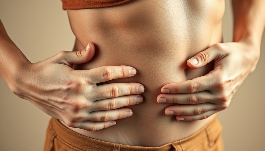 Close-up of hands pinching belly fat for obesity treatment focus.