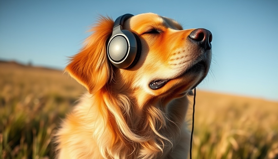 Golden retriever enjoying music with headphones in a sunny field.