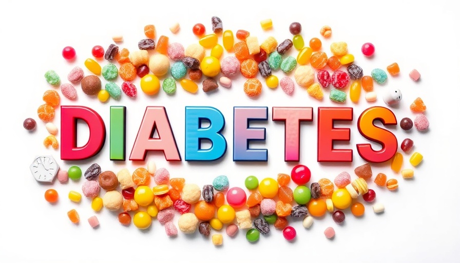 Diabetes risks visual with candies and glucose monitor.