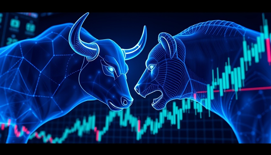 Futuristic bull and bear holograms amid stock chart, dynamic market.