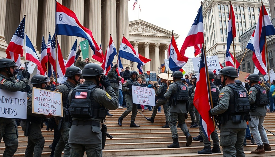National Guard deploys in urban protest scene with diverse protesters.
