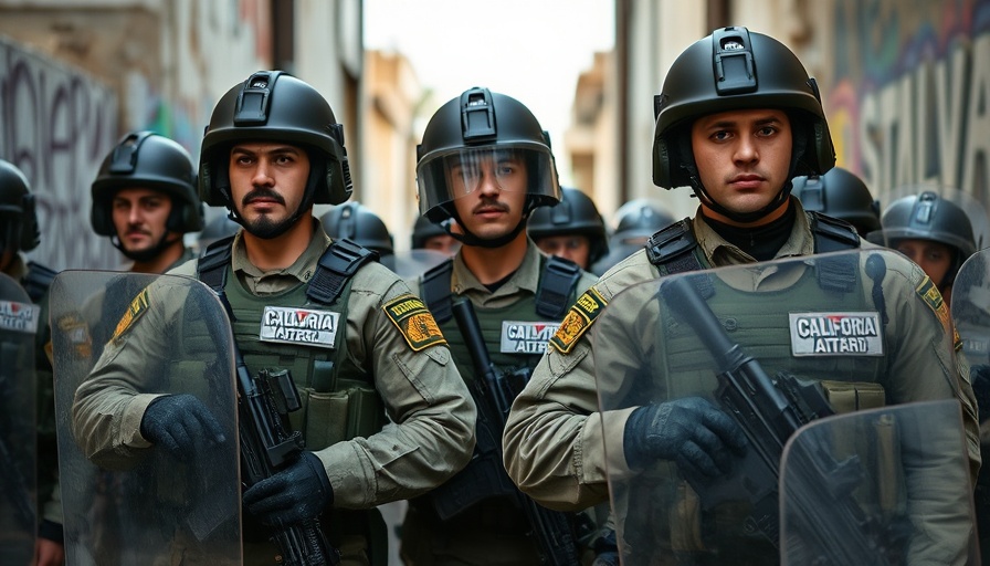 California National Guard soldiers stand in LA with shields; urban deployment.