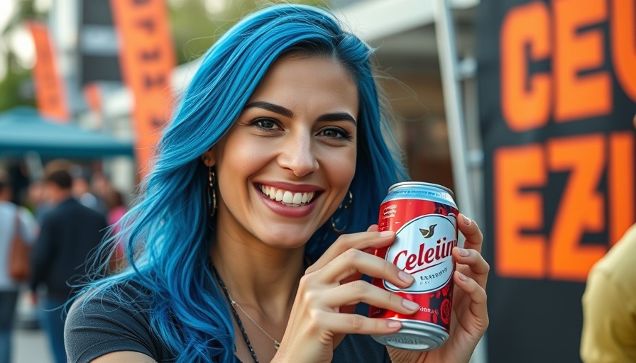 Megan Fox's studded manicure displayed as she holds Celsius can at event.