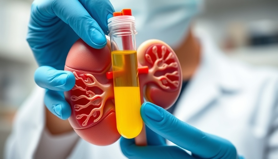 Anatomical kidney model with urine sample for cardiovascular risk in diabetes and CKD analysis.