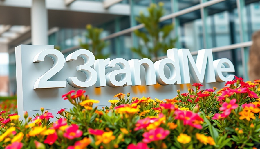23andMe logo sign amidst flowers, highlighting privacy implications.