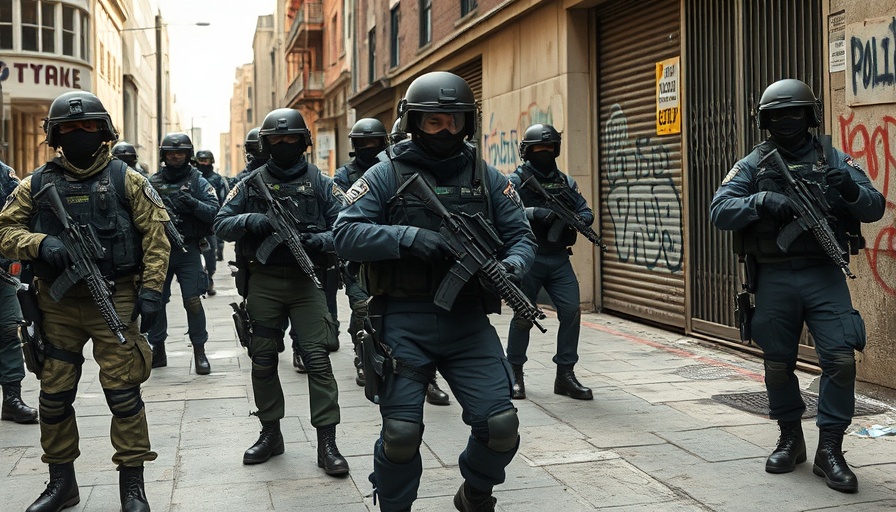 National Guard and police protecting ICE agents in urban setting.