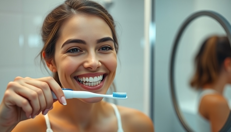 Woman using toothbrush app in bathroom setting.