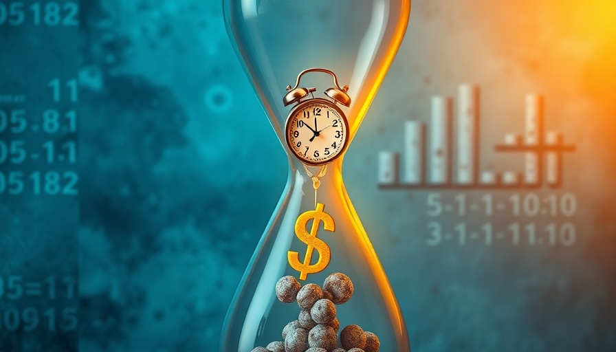Illustration symbolizing 'buy now pay later' concept with hourglass and dollar signs.