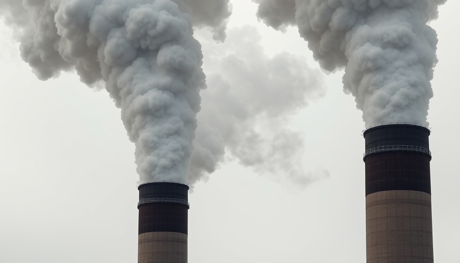 Industrial smokestacks emitting smoke amidst overcast skies.