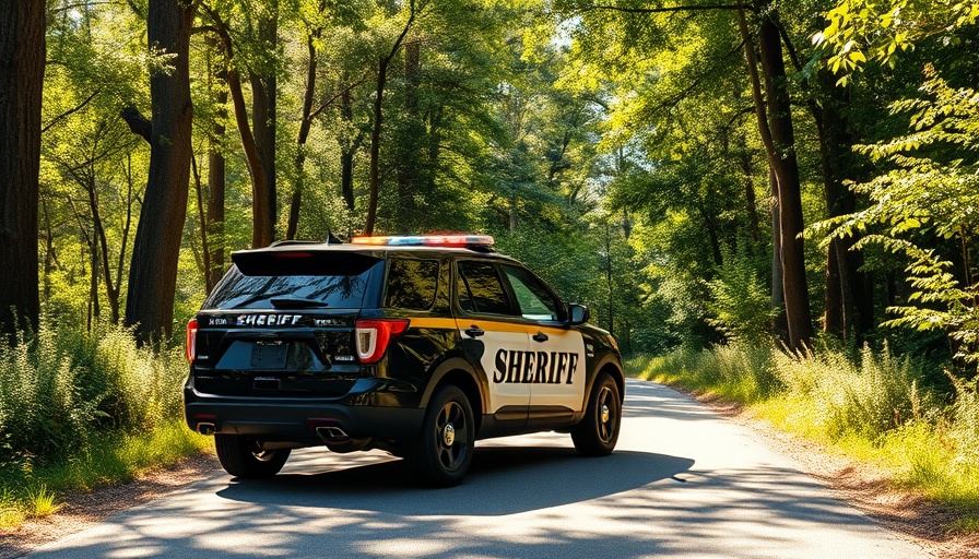 Sheriff SUV on a sunny road amidst lush greenery.