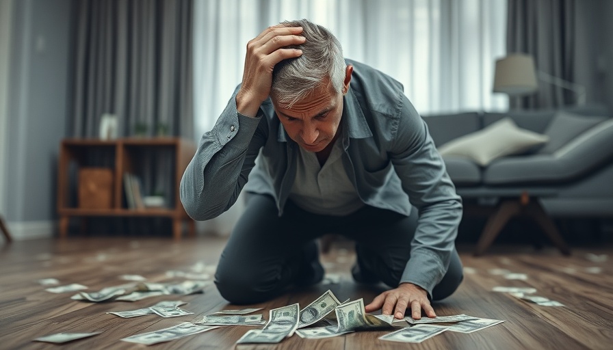 Man kneeling in despair over scattered money, highlighting life insurance mistakes.