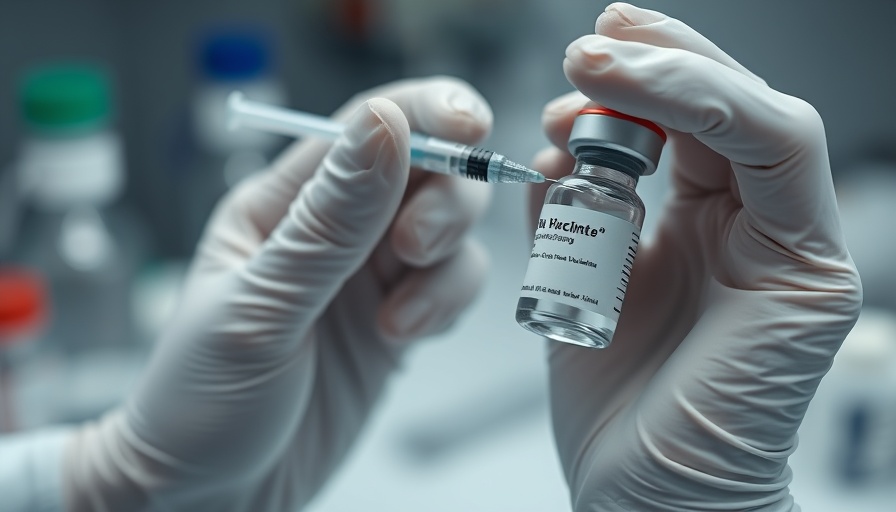 Medical procedure with gloved hands holding syringe and vaccine vial.
