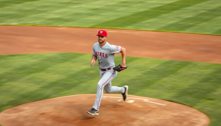 Focused baseball player pitching on a field, wearing grey uniform and red cap.