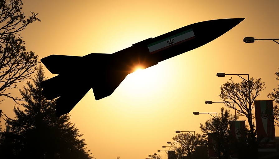 Ominous missile silhouette with Iranian flag against sunlit sky