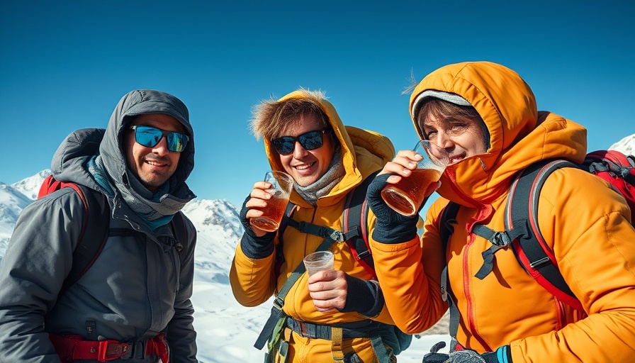 Adventurous young climbers sipping clean energy natural drinks in snowy mountains.