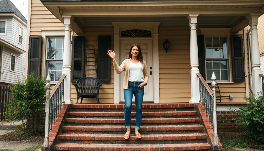Woman discussing house flipping insights on vintage home steps.