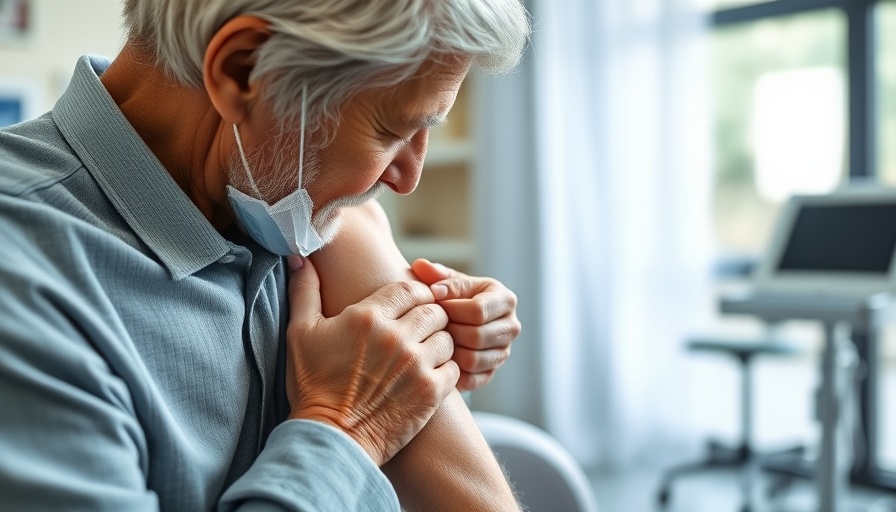 Patient receiving knee injection treatment for pain in a clinical setting.