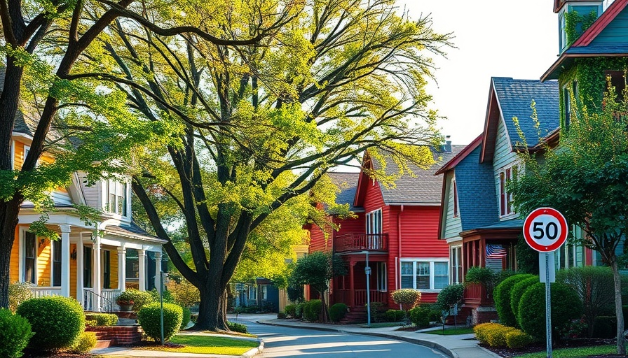 Ohio GOP property tax reform: neighborhood with colorful houses and speed limit sign.