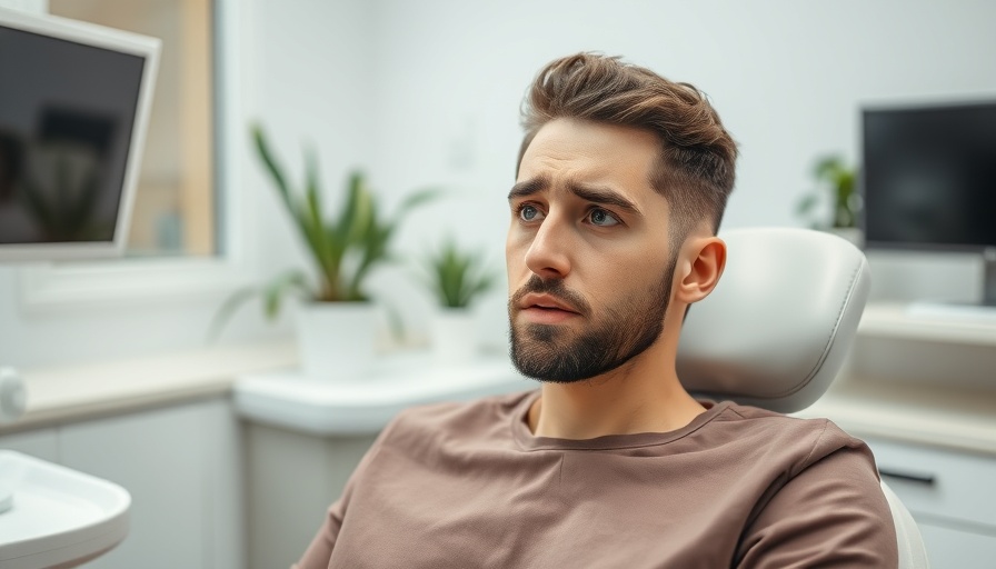 Anxious young man showing concern before dentist visit in dental office.