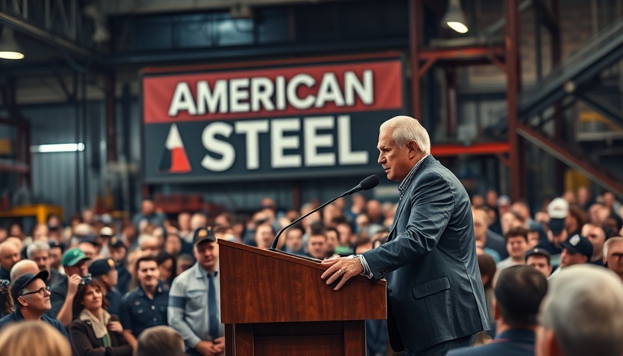 Speaker at steel factory addressing crowd at Nippon Steel event.