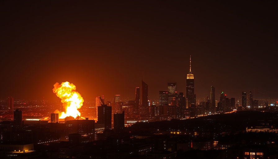 Iran missile strikes against Israel, city skyline at night illuminated by explosion.