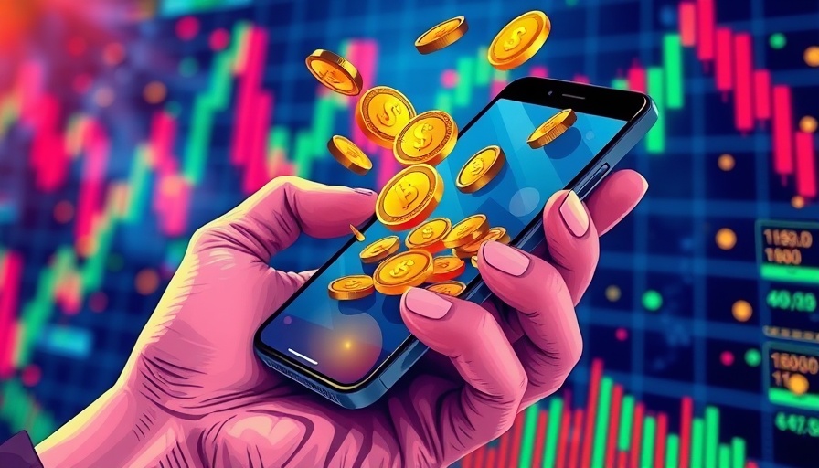 Crypto airdrops concept with digital coins falling onto a smartphone.