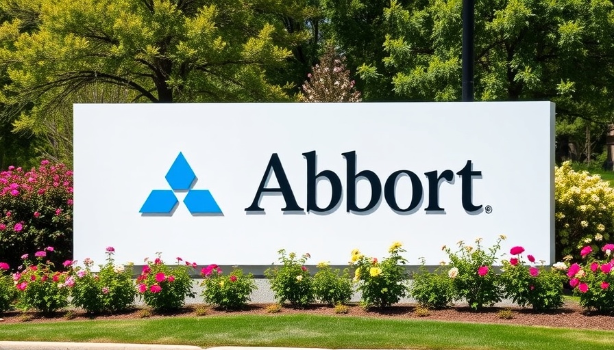 Abbott corporate sign outdoors surrounded by greenery and flowers.