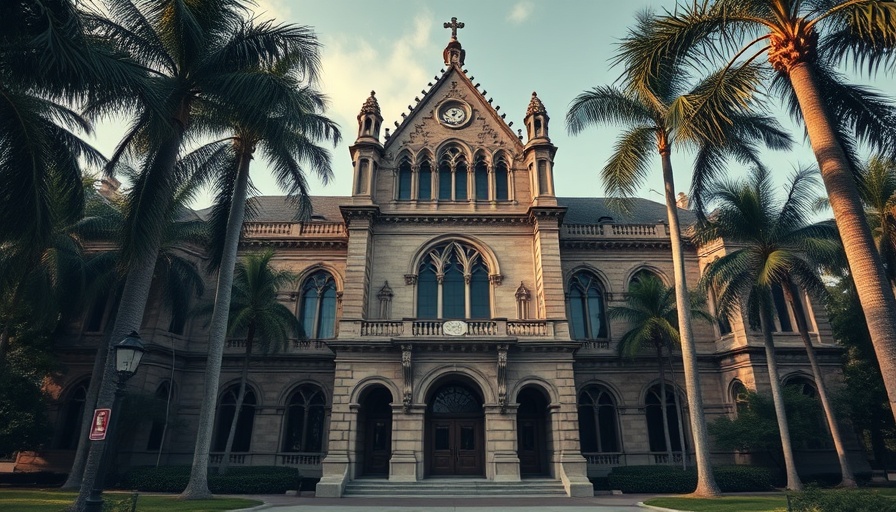 Gothic courthouse building amidst palm trees, heart transplant surgery reimbursement context.