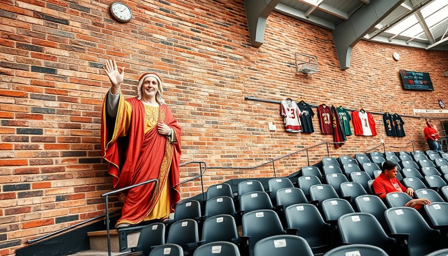 Pope Leo XIV mural and jersey display in stadium.