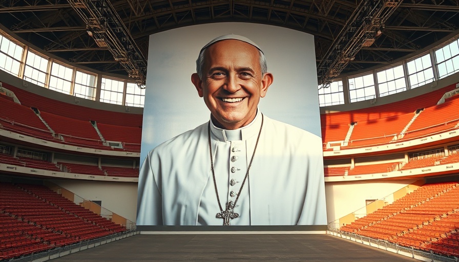 Pope Leo XIV mural conveying hope in stadium.
