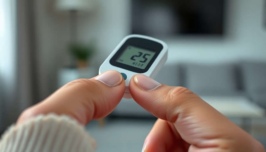 Glucometer close-up with blood drop on fingertip