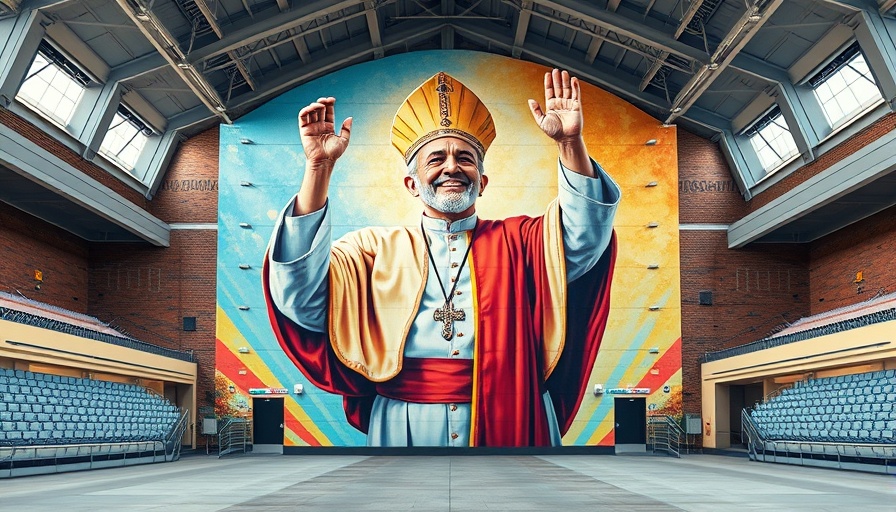 Pope Leo XIV mural in stadium, message of hope.