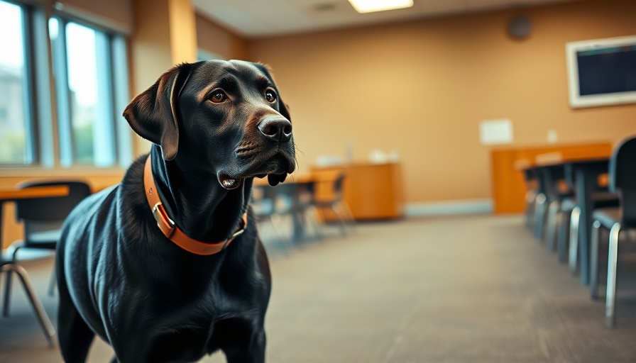 K9 Mozart, an alert Labrador, in a training room setting.