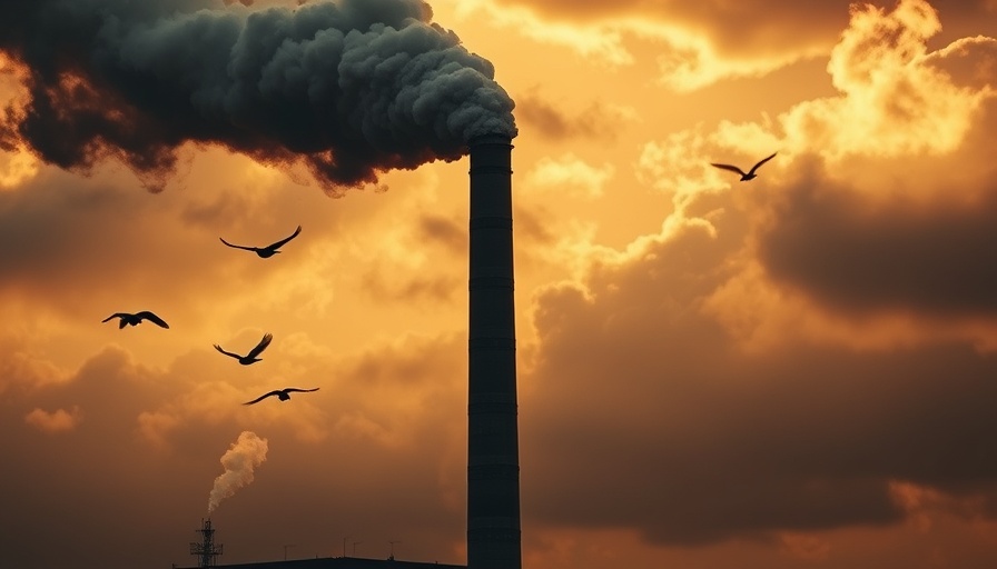 Dramatic smokestack emits smoke under a cloudy sky; birds fly past. Fossil fuel emissions enforcement.