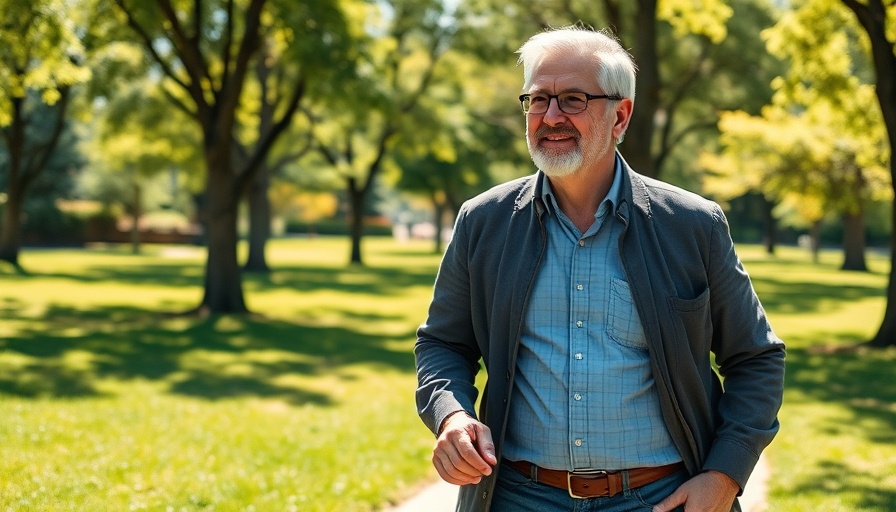 Man walks in park to reduce chronic back pain, enhancing health.
