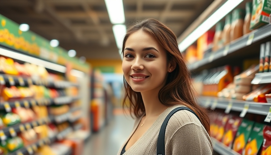 Healthcare worker in a grocery store aisle with thoughtful expression.