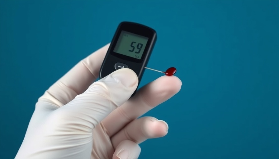 Glucose meter testing blood drop on fingertip for diabetes.