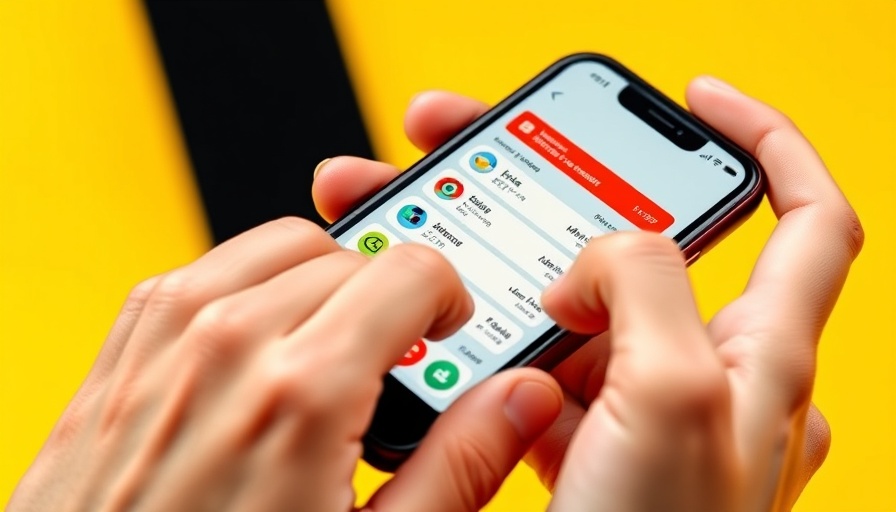Hands selecting money transfer app on phone screen, vibrant background.